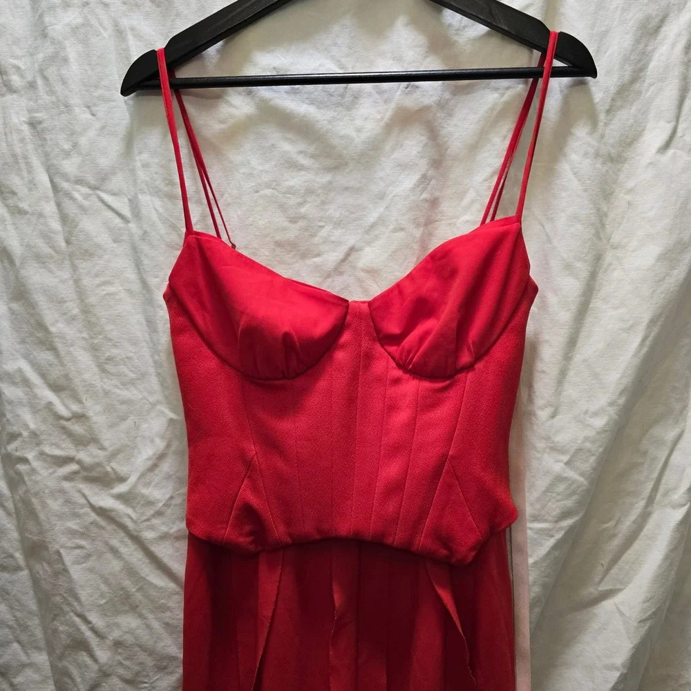NWT OH POLLY Scarlet Red Ruffle High Slit Corset Maxi Dress‎ US 4